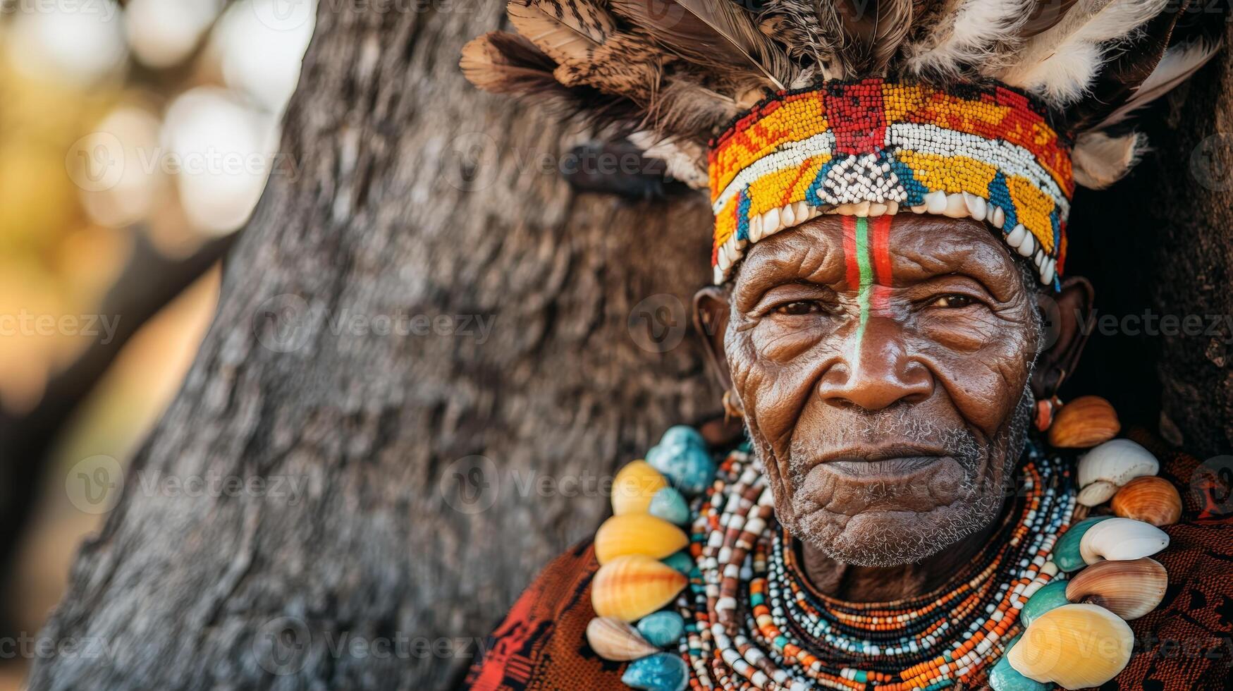 Elderly african man in traditional attire with beaded headdress and shell necklace photo