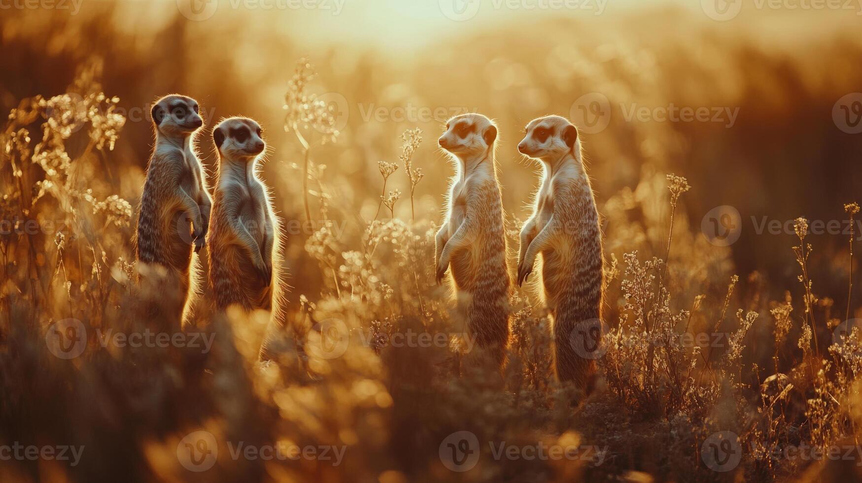 Group of meerkats standing in golden field at sunset photo