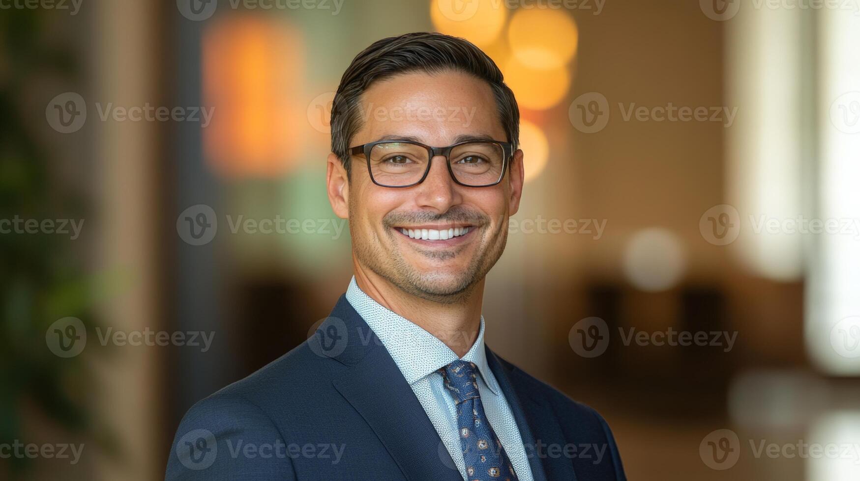 Confident young caucasian male professional in business attire smiling indoors photo