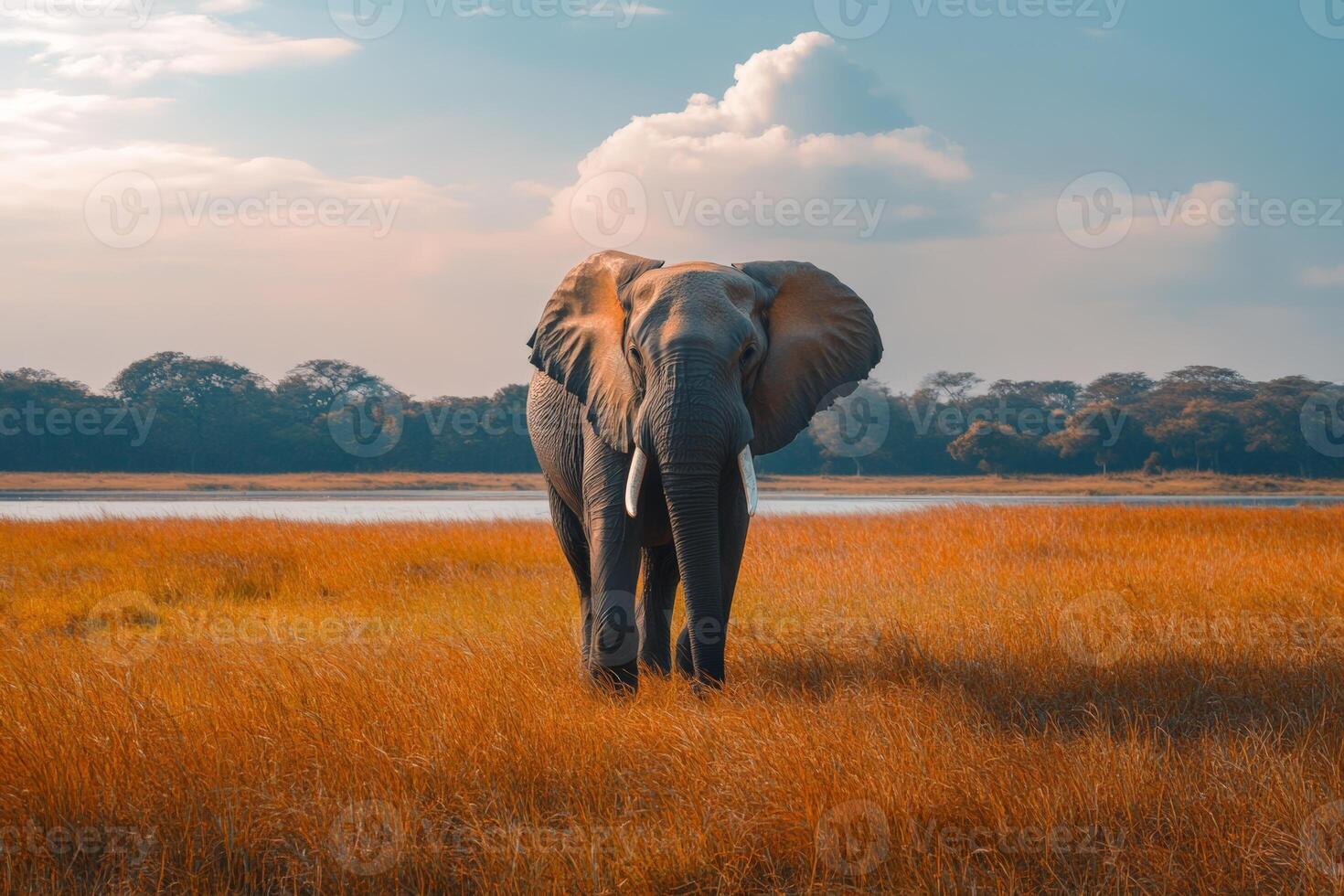 Majestic elephant in golden savannah landscape under blue sky photo