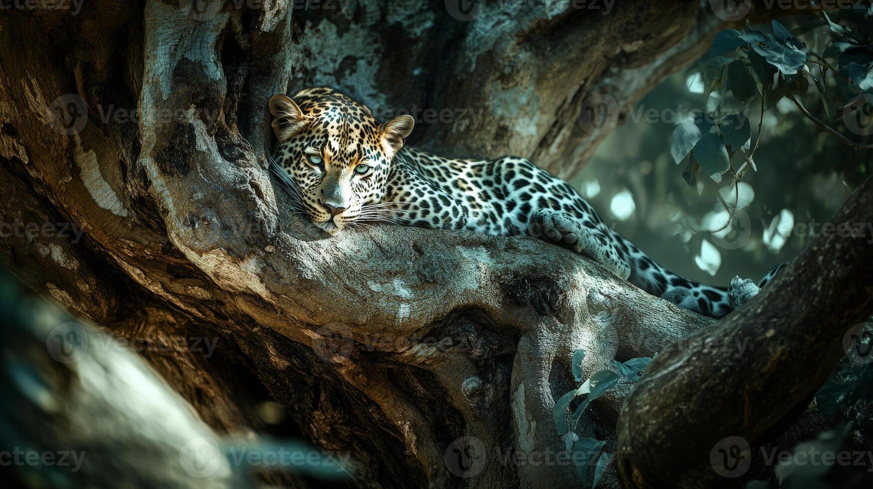 Leopard resting on tree branch in dense forest with sunlight photo