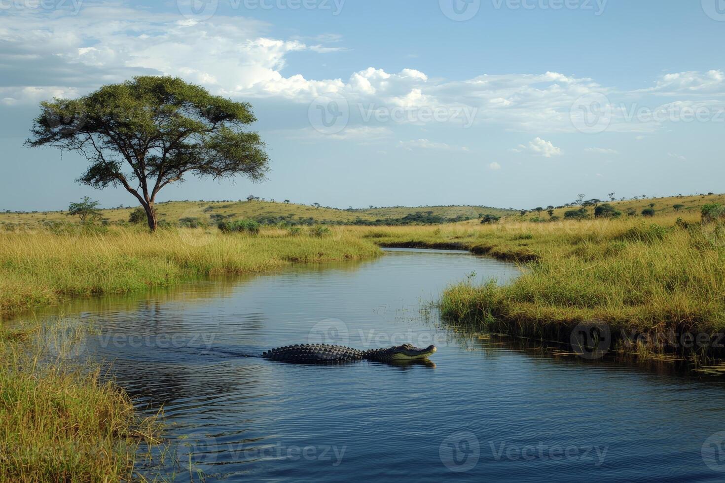Crocodile in serene african river landscape with acacia tree and grassy plains photo