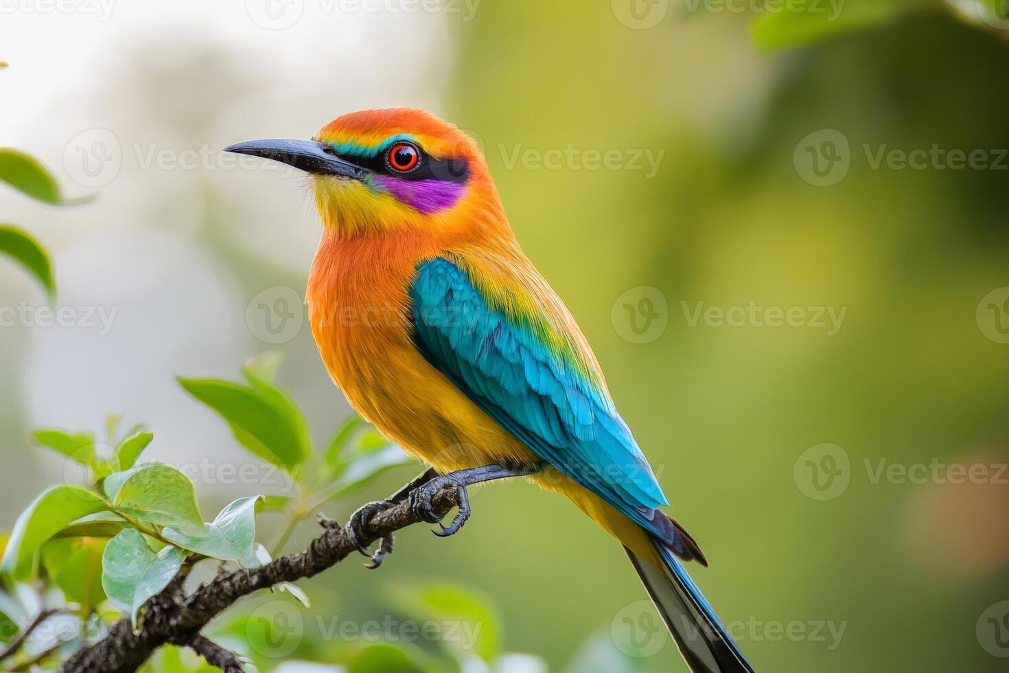 Colorful tropical bird perched on branch with vivid plumage and green background photo