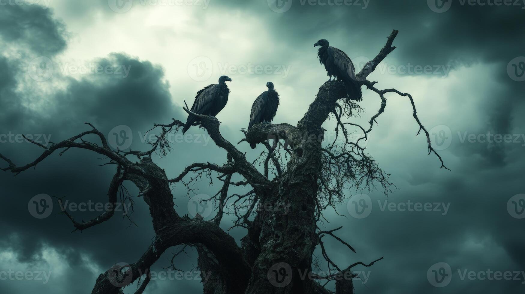 Vultures perched on tree against ominous cloudy sky photo