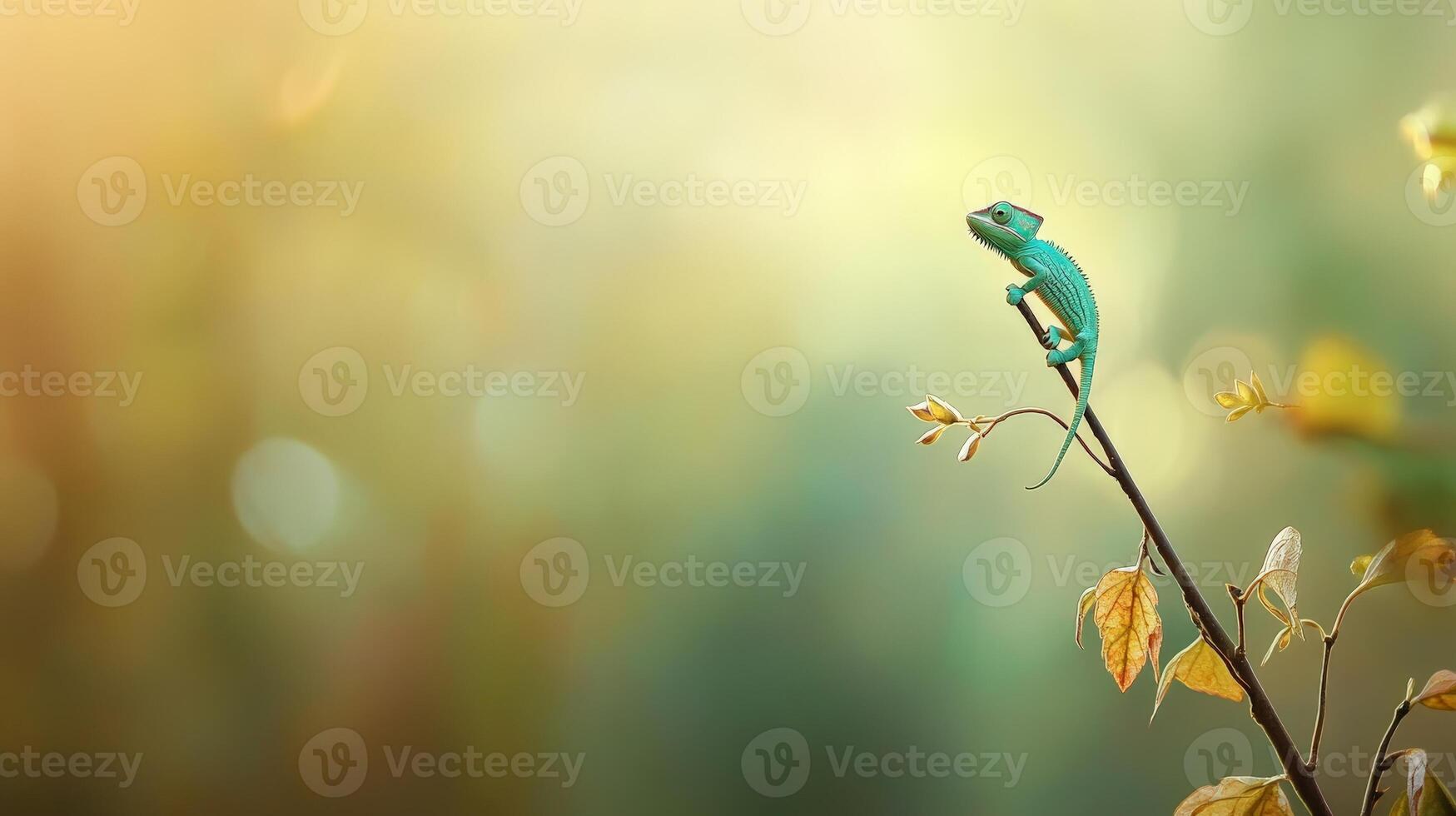Vibrant chameleon perched on leafy branch in blurred natural background photo