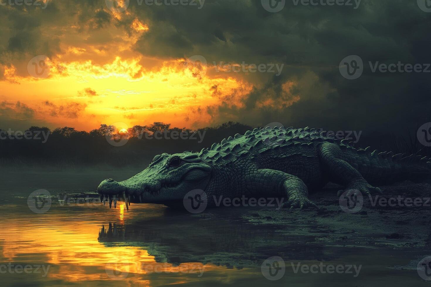 Majestic alligator at sunset by lake with dramatic sky and reflections photo