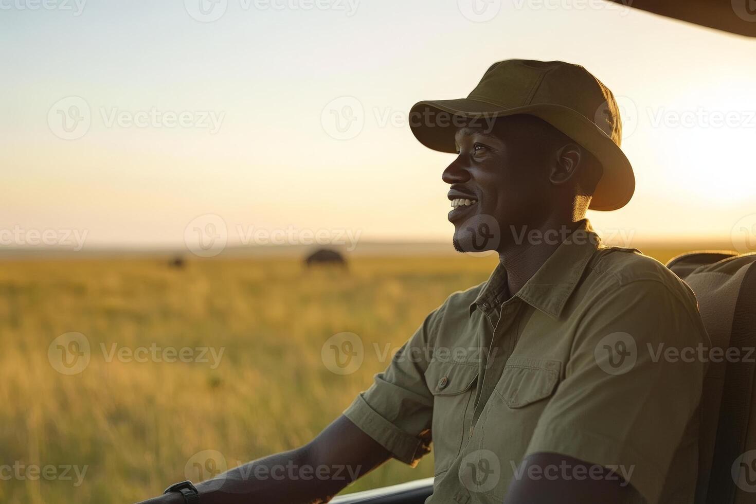 African young male safari guide enjoying sunset in savanna landscape photo