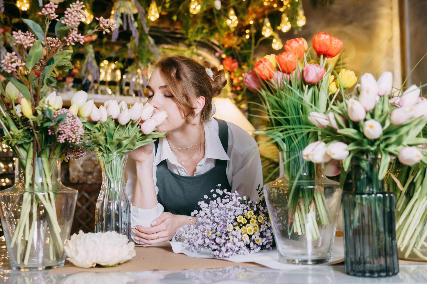woman in her florist shop collect bouquets of flowers. The concept of a small business. Bouquets of tulips for the holiday on March 8. photo