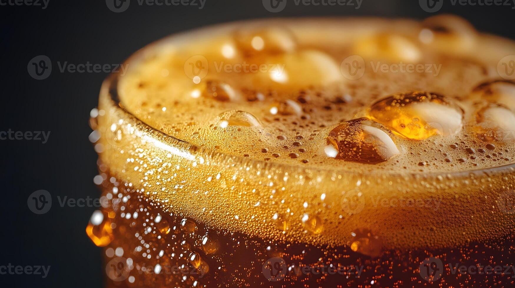 A close-up of frothy beer in a tall glass with condensation on the surface photo