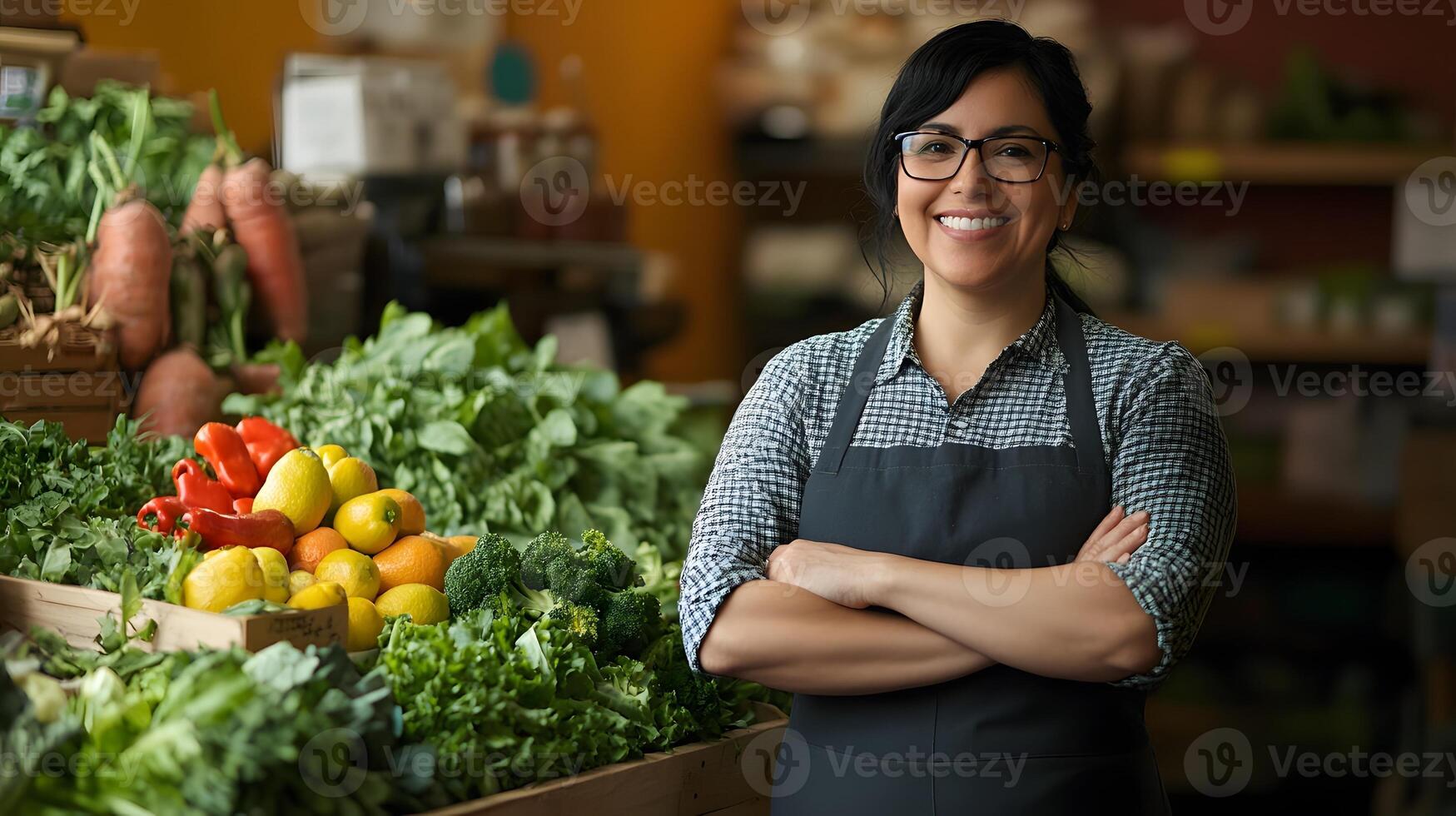 small grocery store owner in apron standing near fresh produce section, smiling, wide view photo