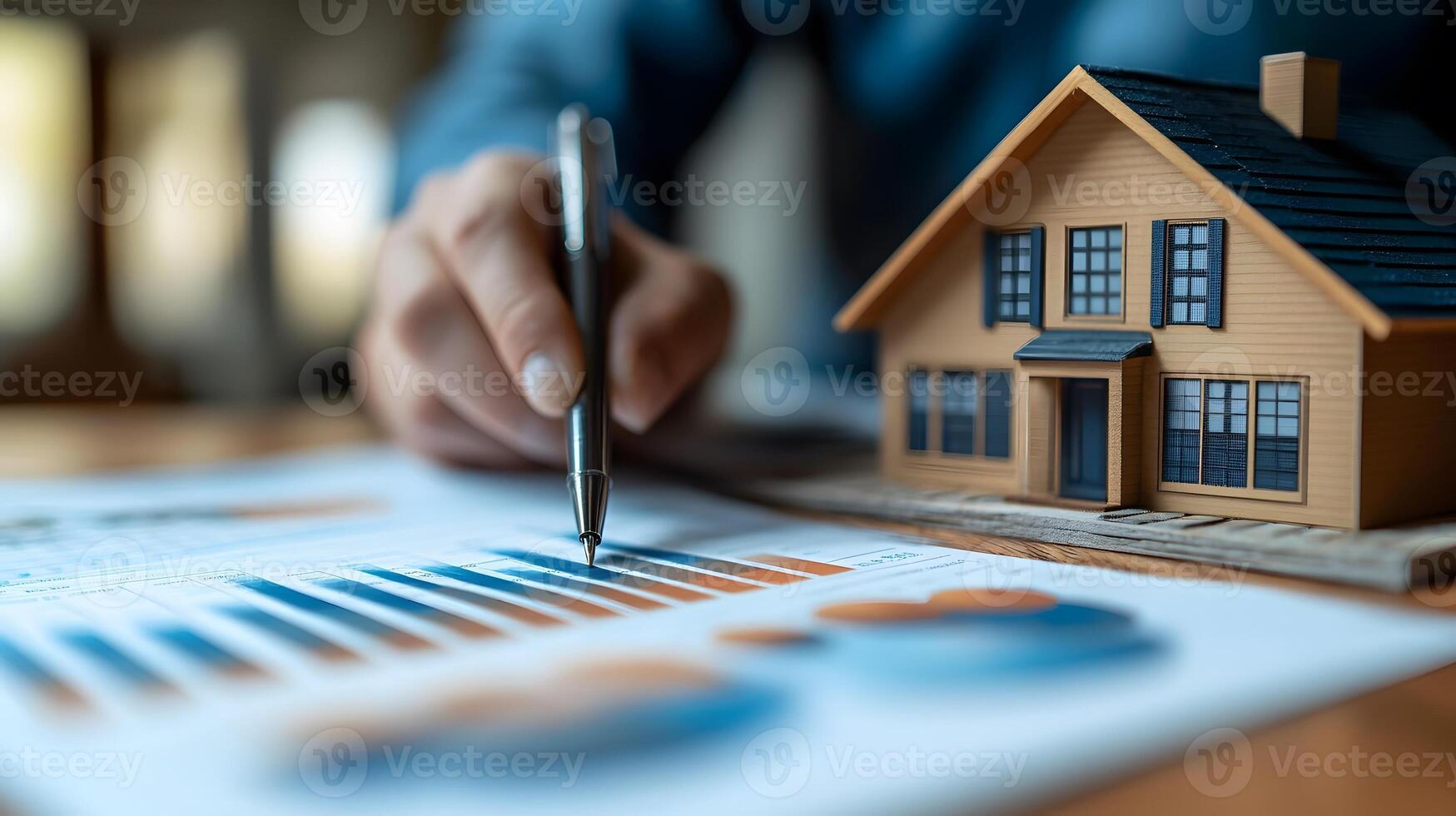 Corporate professional analyzing home insurance policies with charts and graphs photo