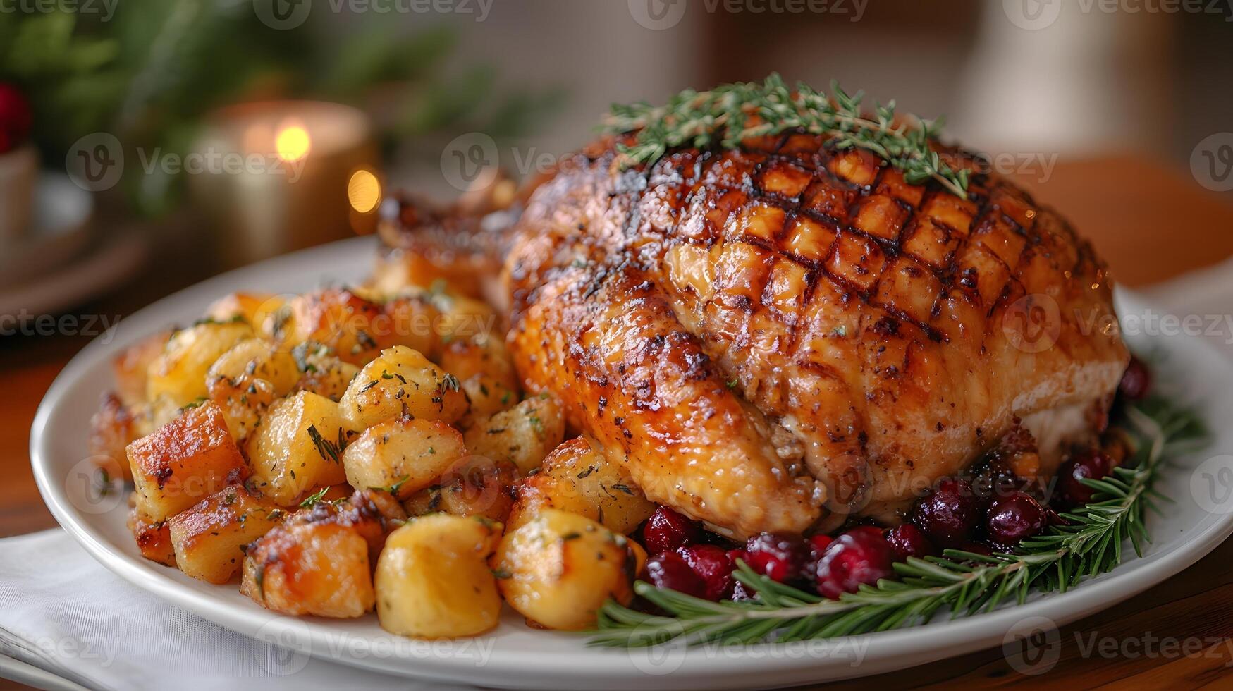 A traditional holiday feast with roasted turkey stuffing and cranberry sauce photo