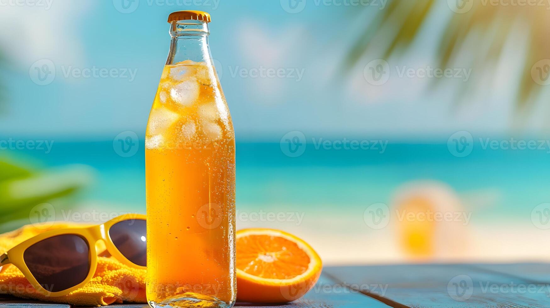 orange soda with ice in a glass bottle, beach towel and sunglasses in background, vibrant tones, realistic, stock photo, high detail, photo