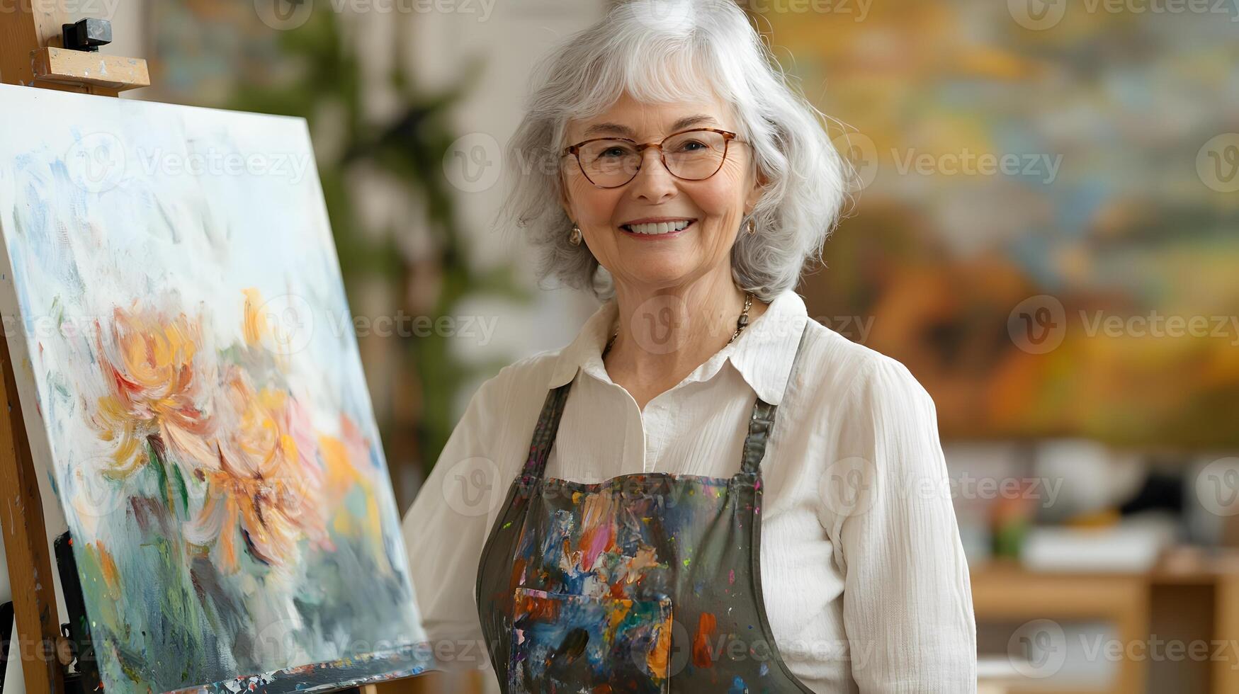 confident artist in daylight-filled studio, with paint on apron and canvas behind photo
