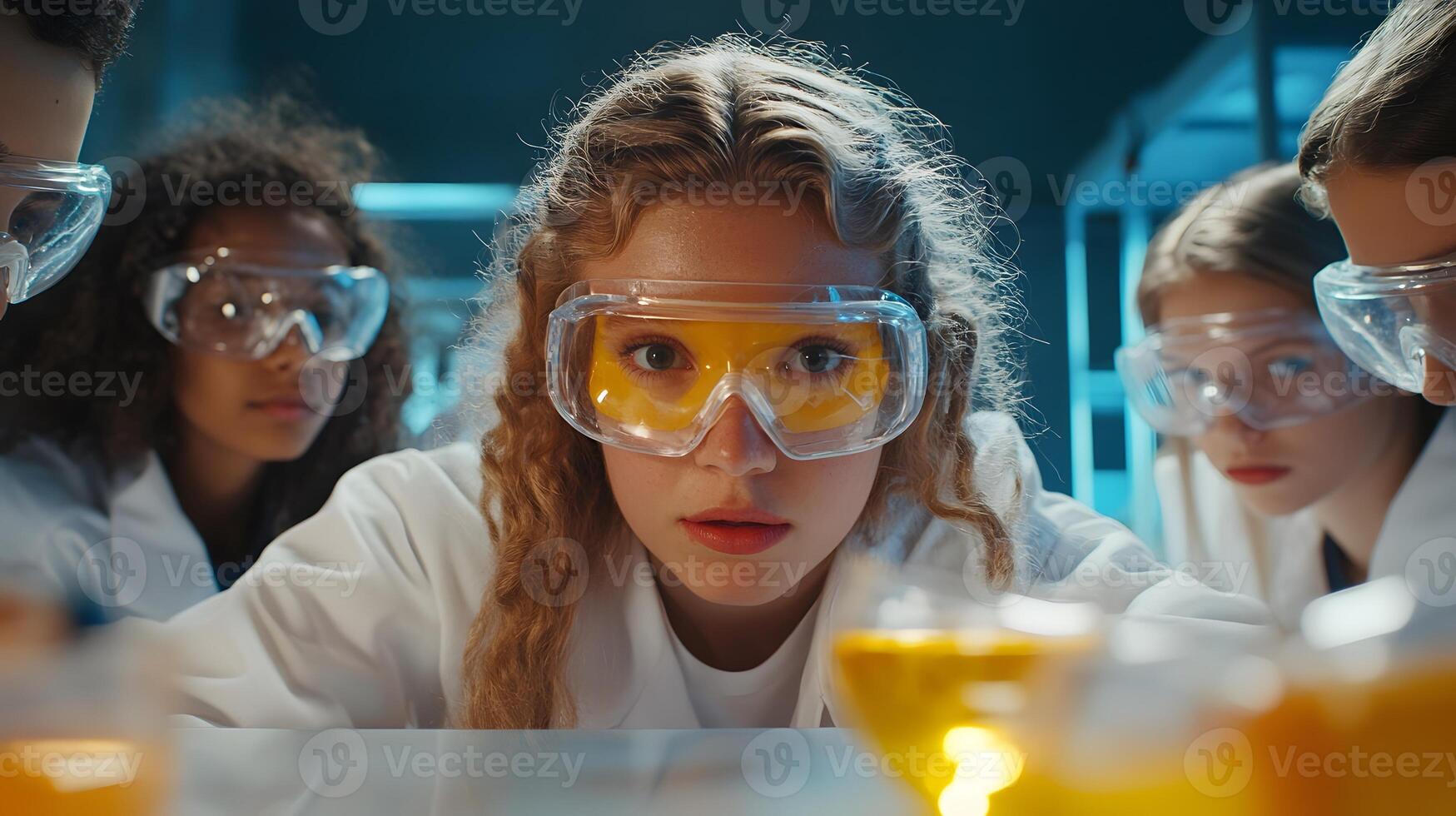 3D group of students in science lab wearing goggles, doing experiment photo