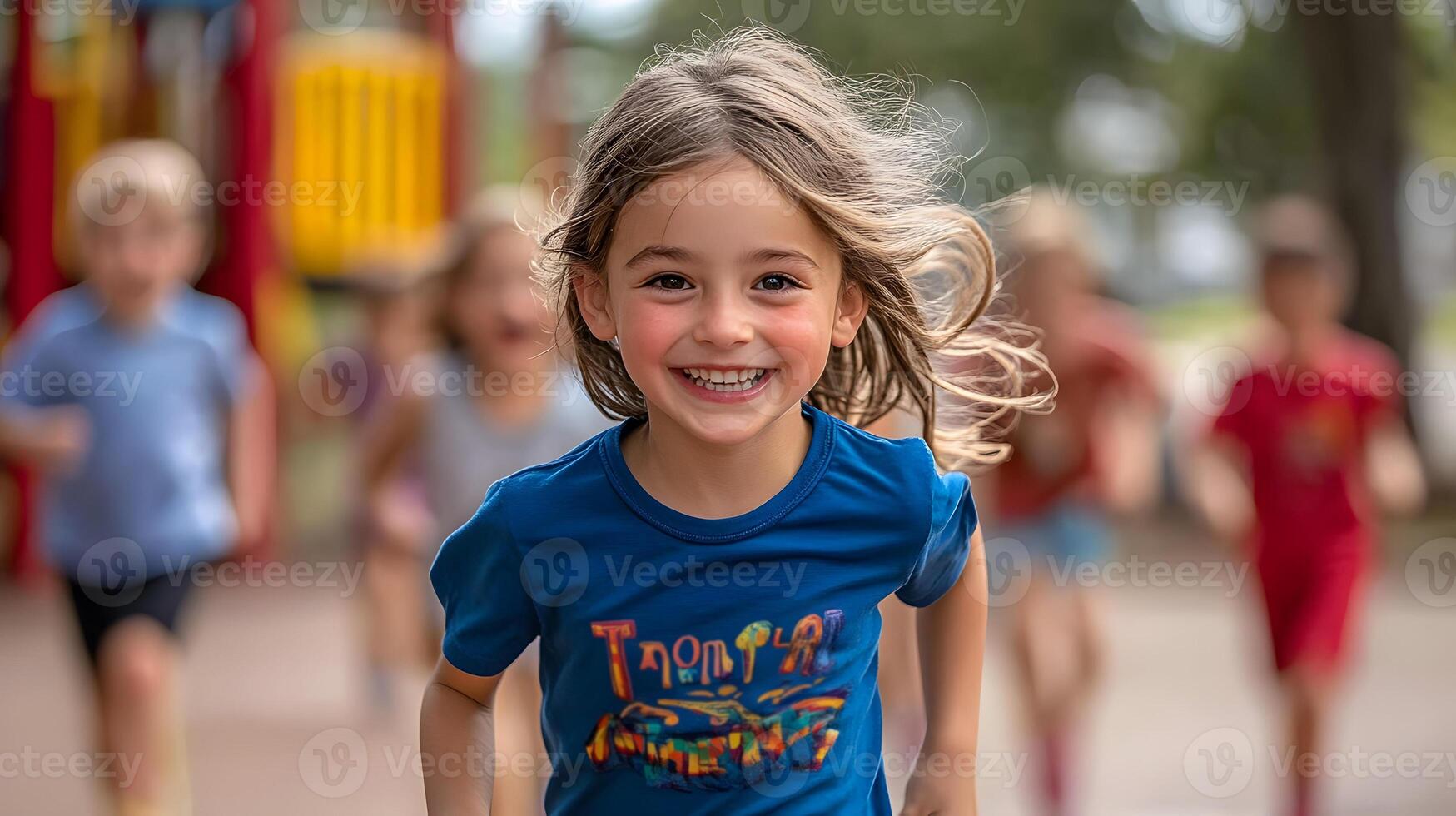 Excited kids sprinting through the park near slides and climbing frames photo