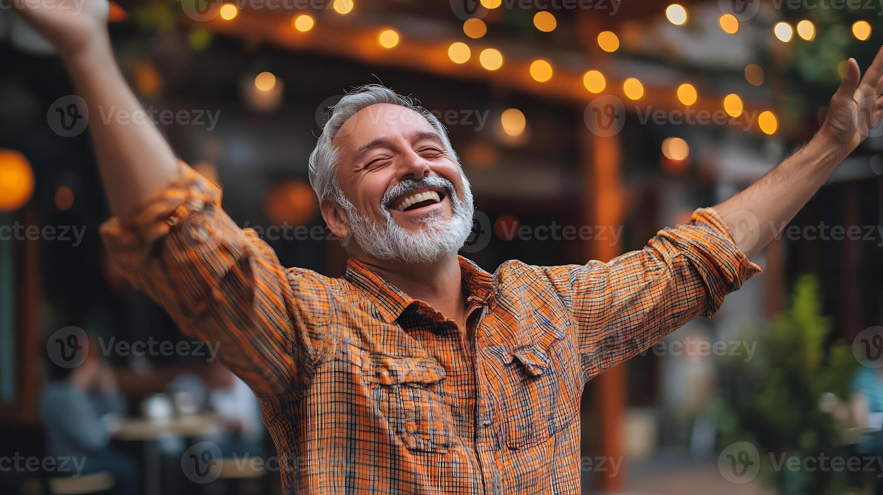 Mid-aged person dancing joyfully to music, stretching arms wide, personal expression through movement photo