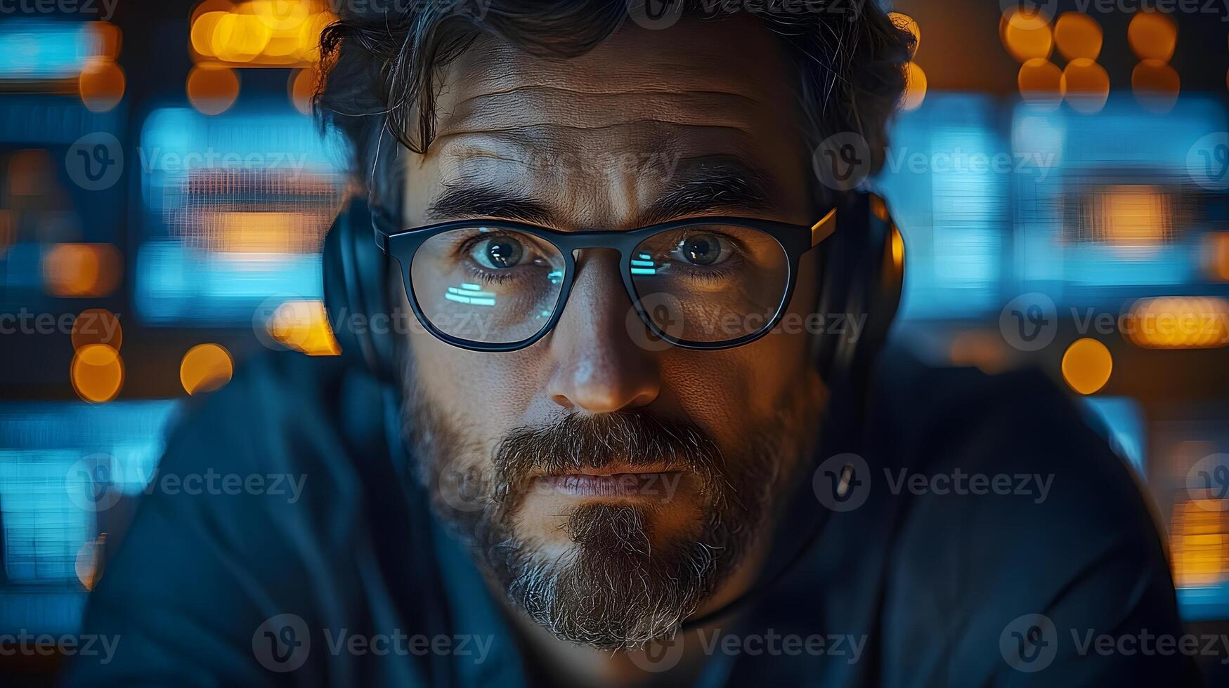 A cybersecurity expert monitoring a high-tech control room with digital security layers photo