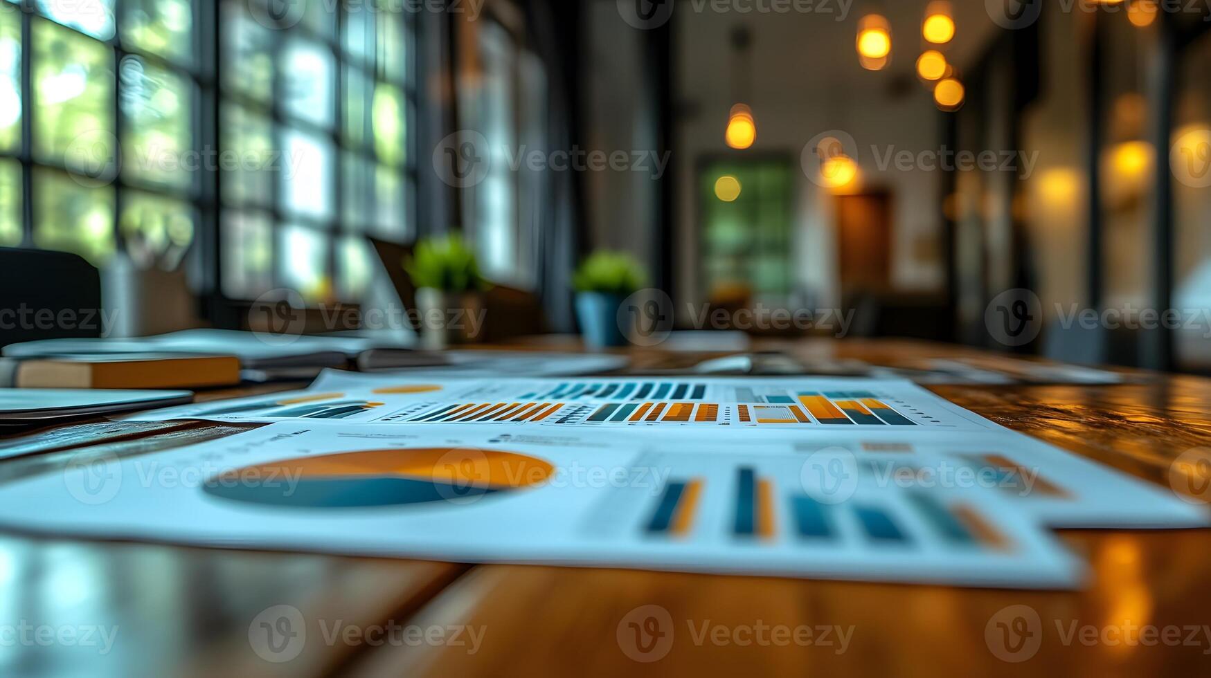 A collaborative business setting with advertising charts and marketing plans on a desk. photo