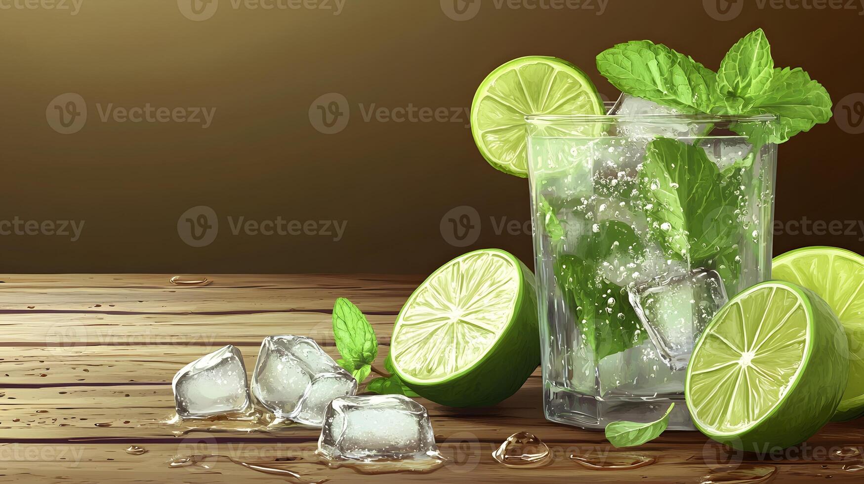 mojito cocktail with crushed ice, fresh mint, lime slices, and condensation, rustic wooden table, realistic, stock photo, high detail, photo