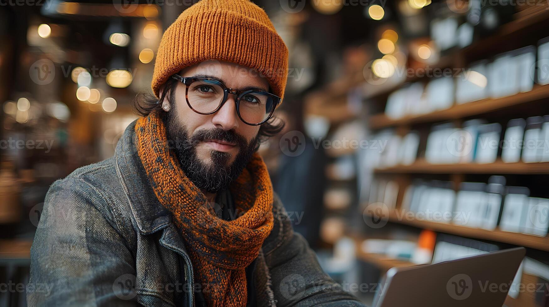 A creative designer working on a laptop with a blank product label in the background photo