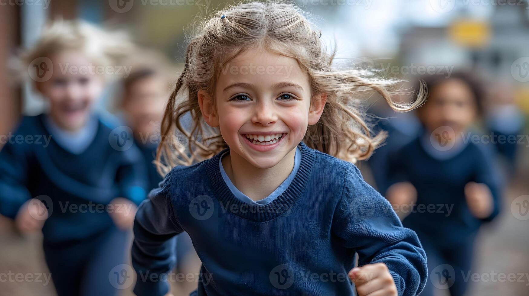 Energetic pupils sprinting outside near swings and slides with bright expressions photo