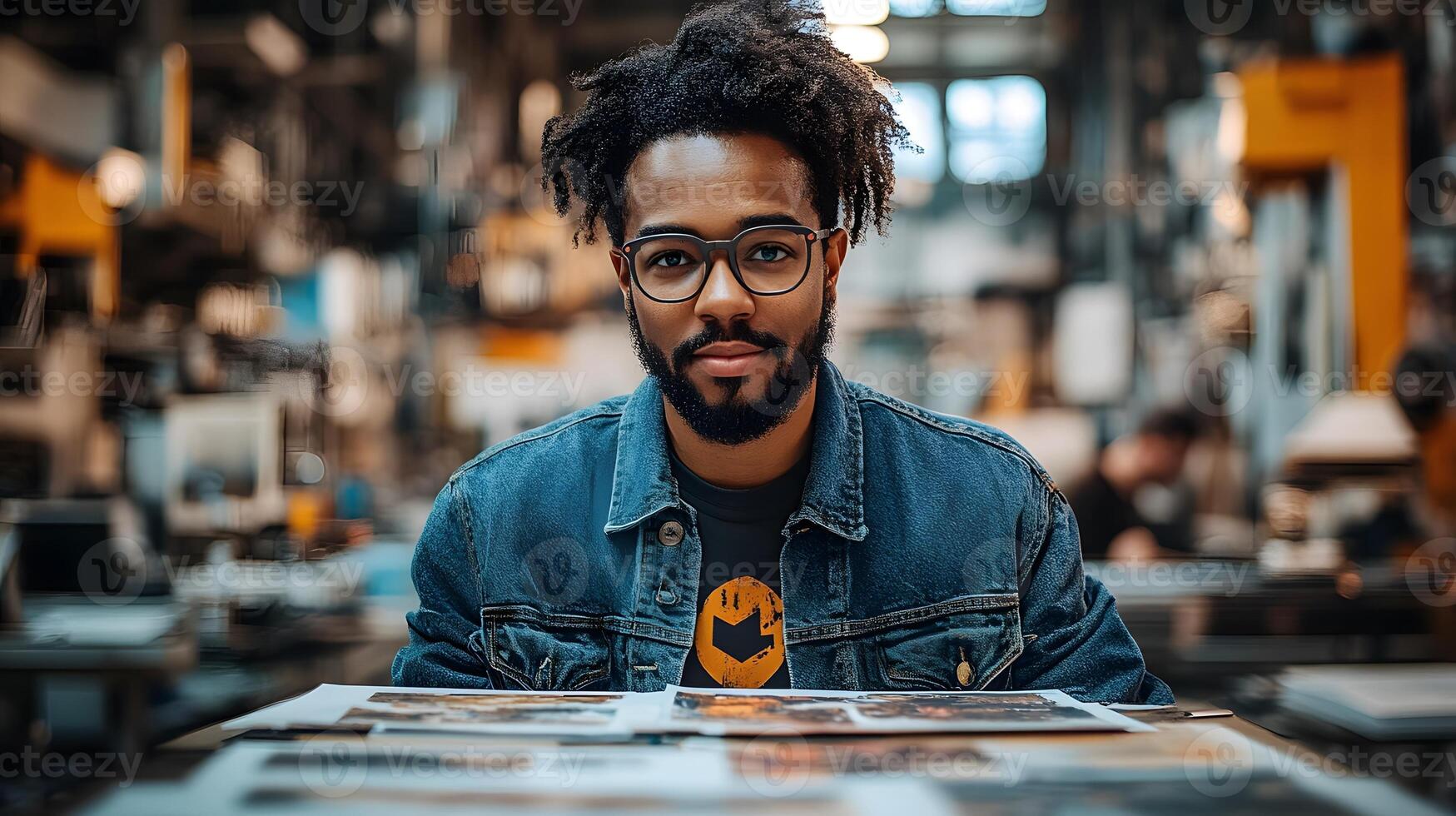 A creative professional reviewing digital artwork with a copyright symbol in the background photo