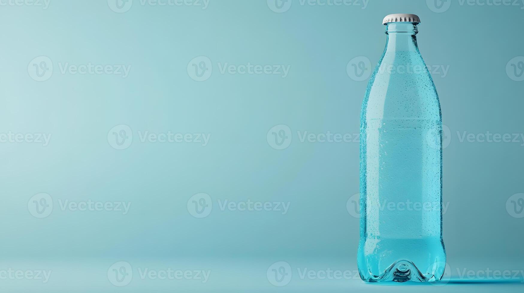 soda bottle in minimal contour style, vertical on right, light cyan background with empty left space for slogan, photo
