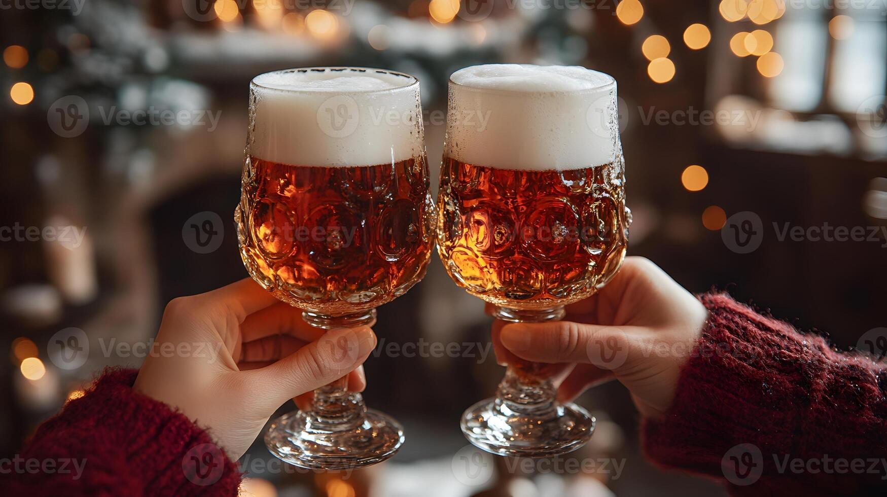 A close-up of beer glasses clinking together in a festive bar setting photo
