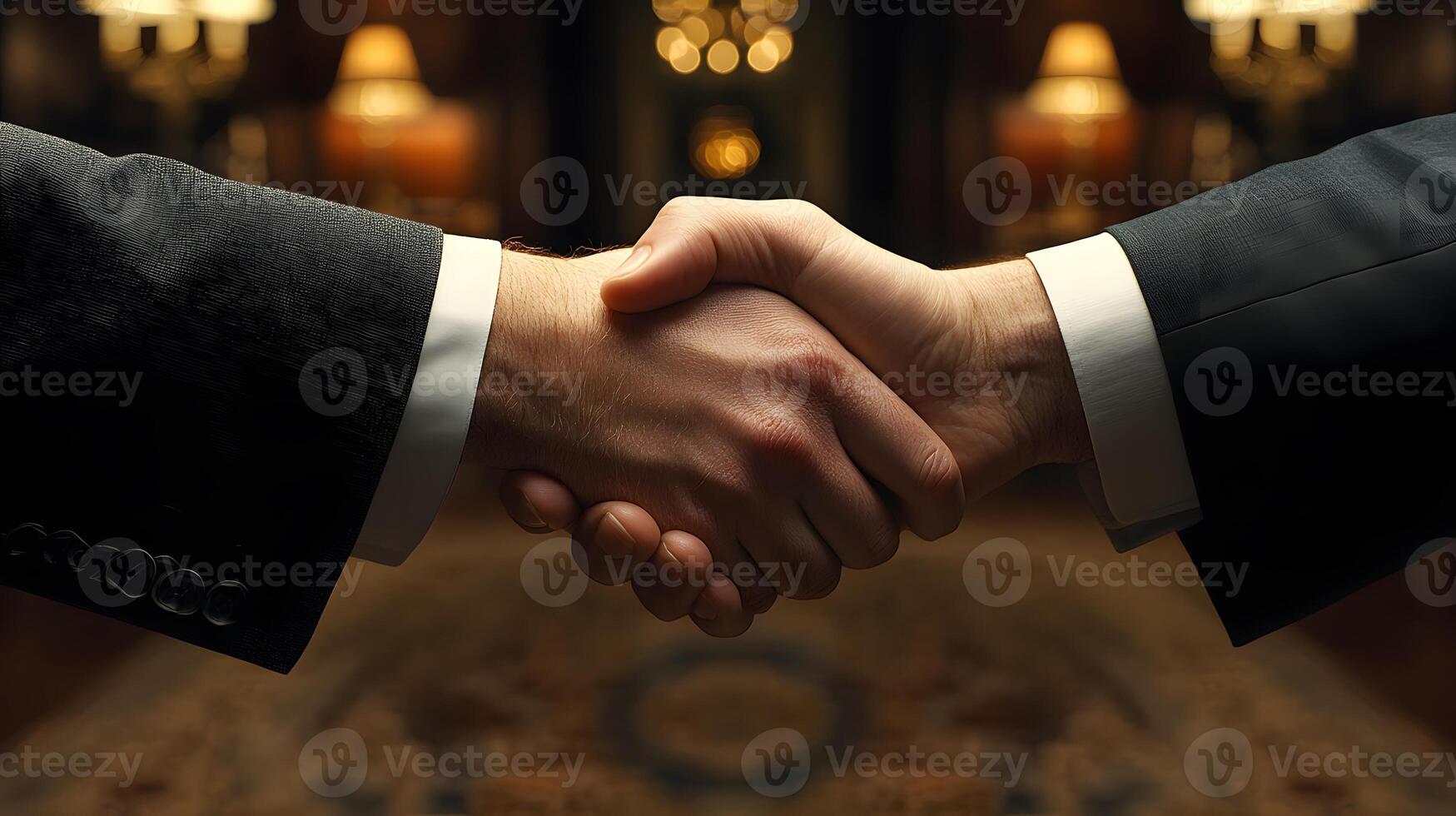 Business partners negotiating a contract, close-up of handshake, serious and professional setting photo