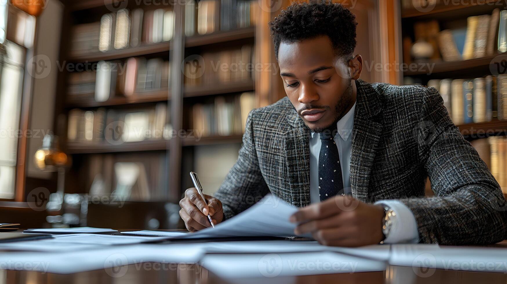 Insurance specialist examining homeowner policy forms at an organized desk photo