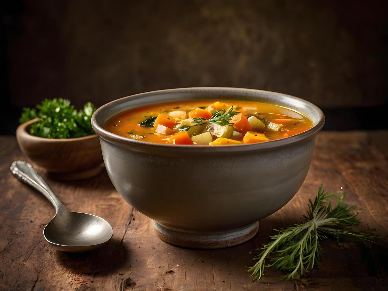 A bowl of vegetable soup with a spoon and spoons photo