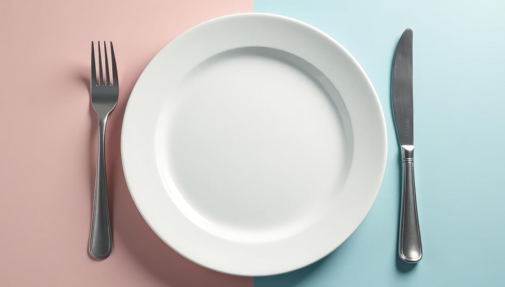 An empty plate and fork on a pink and blue background photo