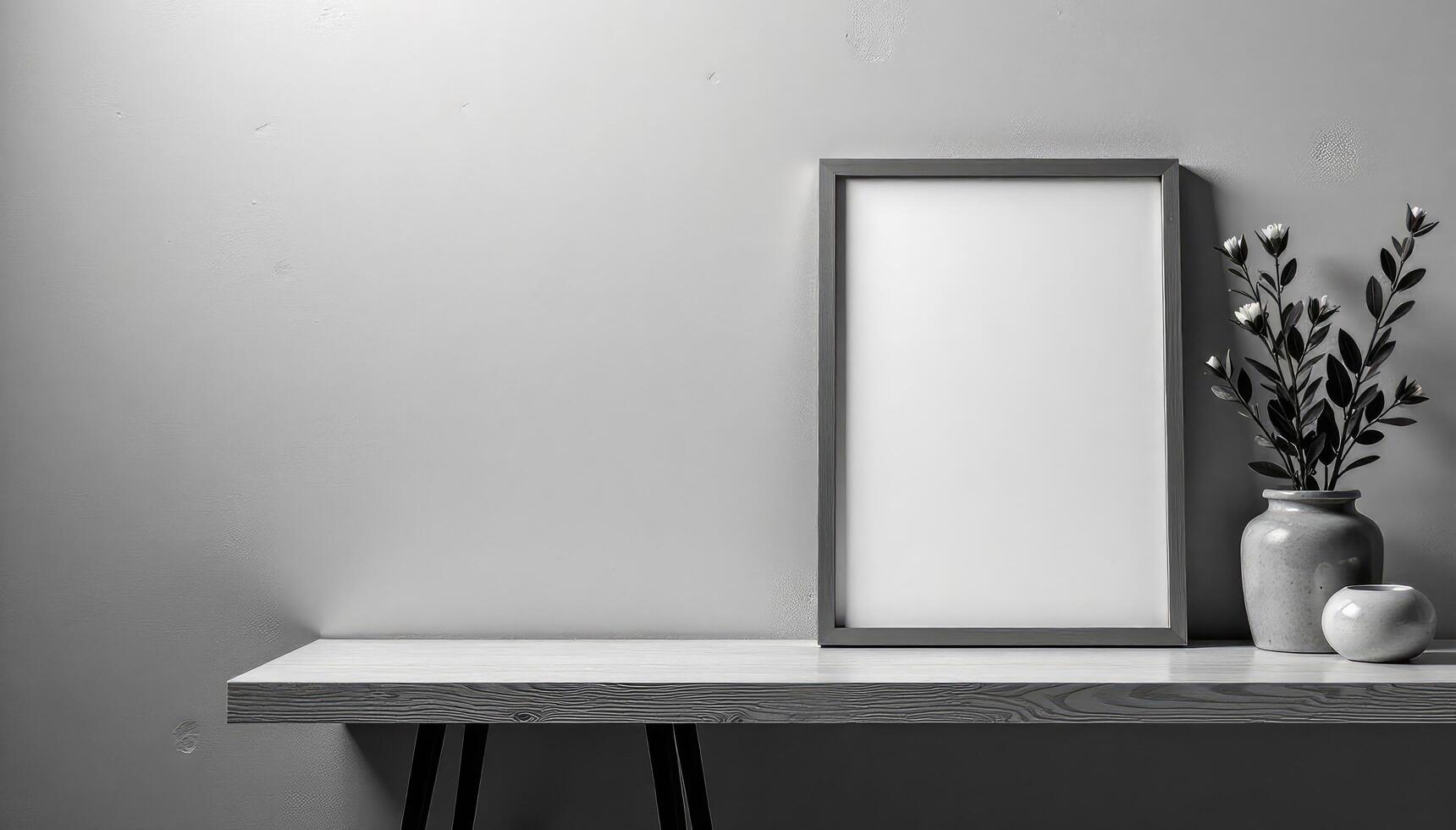 Black and white photo of a vase and a frame on a table