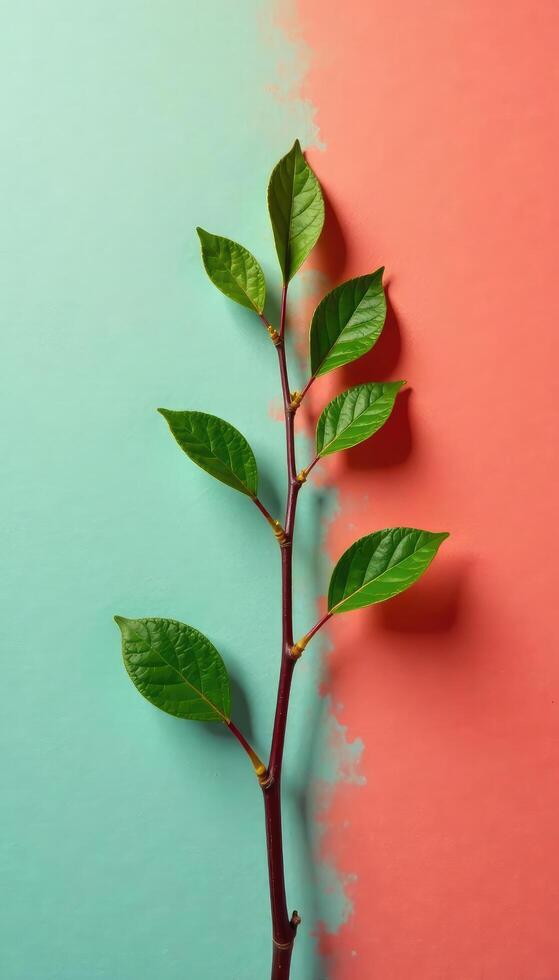 Green plant on pink and blue background photo