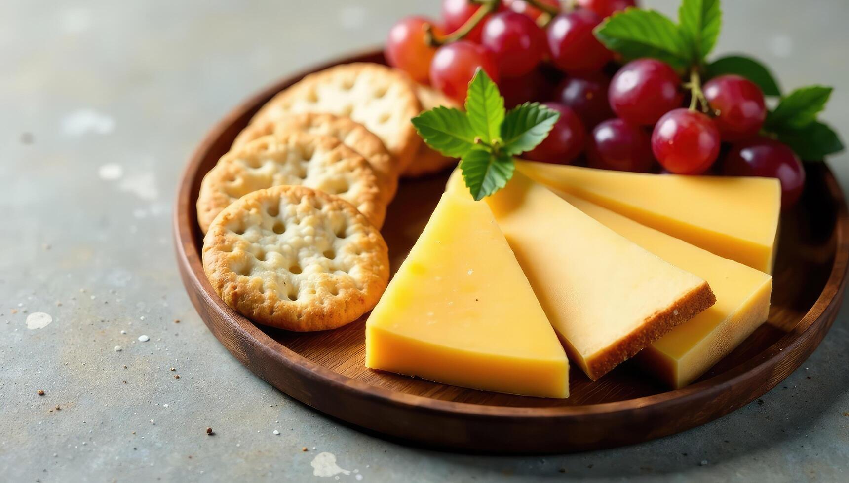 Cheese, crackers and grapes on a wooden plate photo