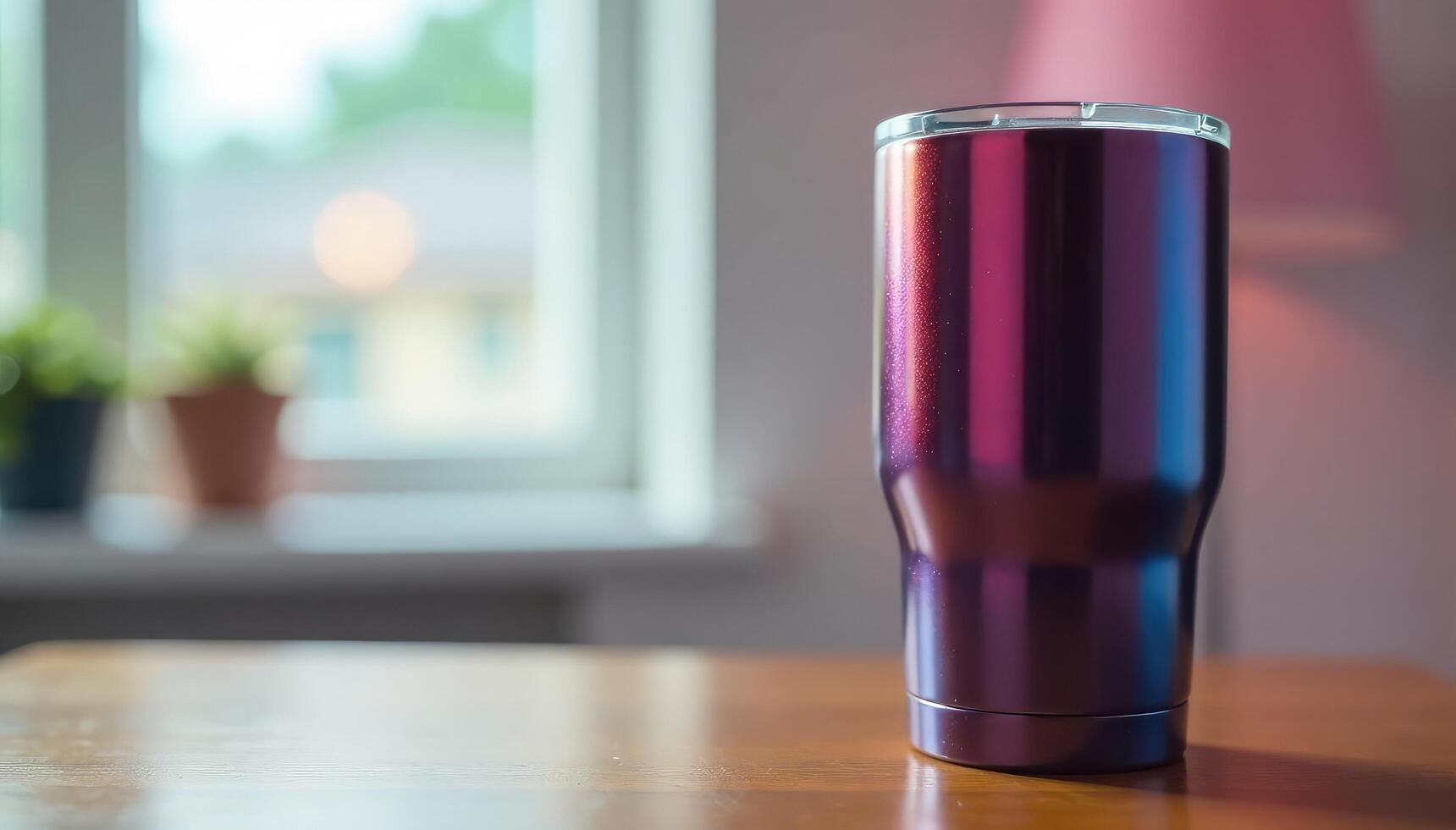 A purple tumbler sitting on a wooden table photo