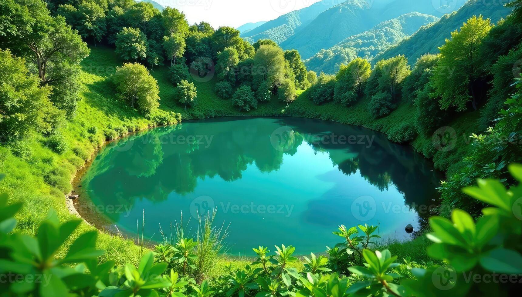 A beautiful lake surrounded by lush green trees photo