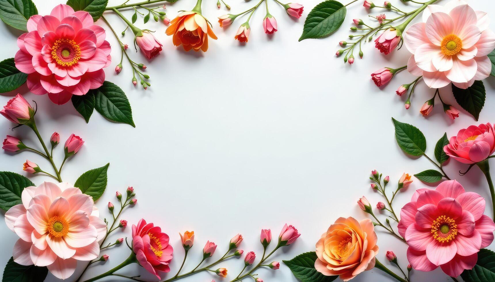 Flowers and leaves are arranged in a circle on a white background photo