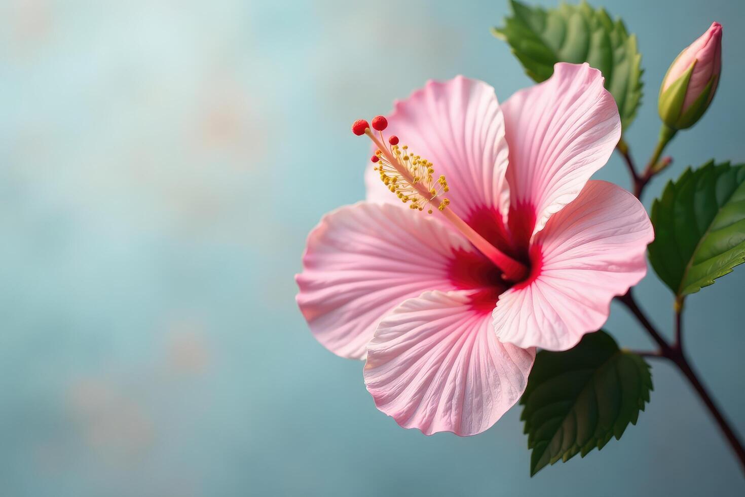 A pink hibiscus flower is shown in front of a blue background photo