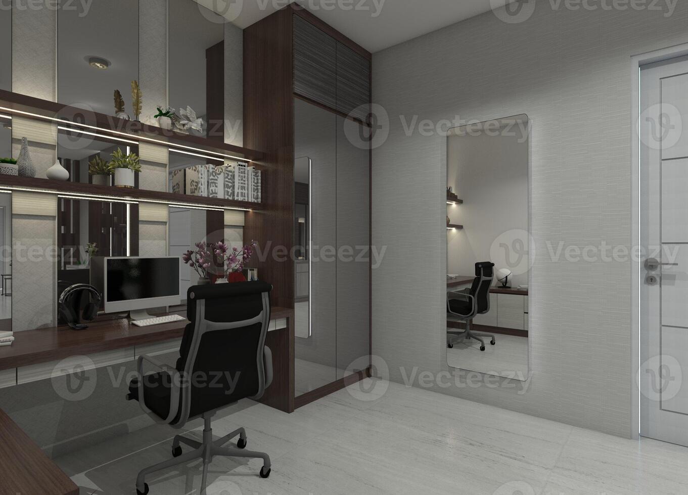 Contemporary 3D workspace interior showcasing a minimalist computer table, display racks, decorative mirror wall panels, and a storage unit. photo