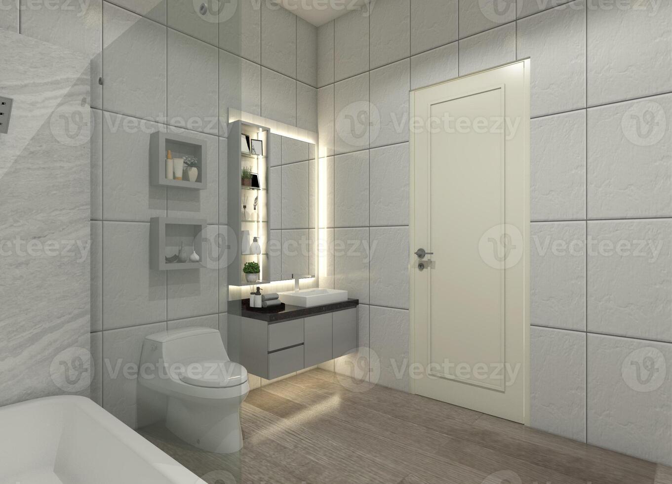 Minimalist 3D bathroom interior design with a sink cabinet and storage drawers, a mirror panel and display shelves, a toilet, ceramic tiles, and lighting. photo