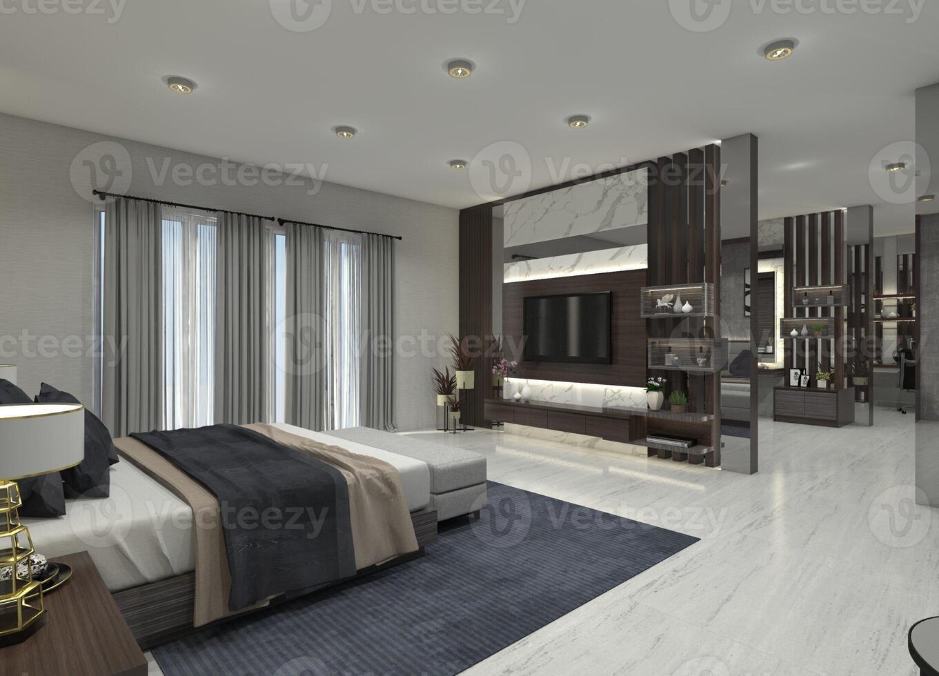 Luxurious 3D TV cabinet and panel design with drawers and display shelves. photo