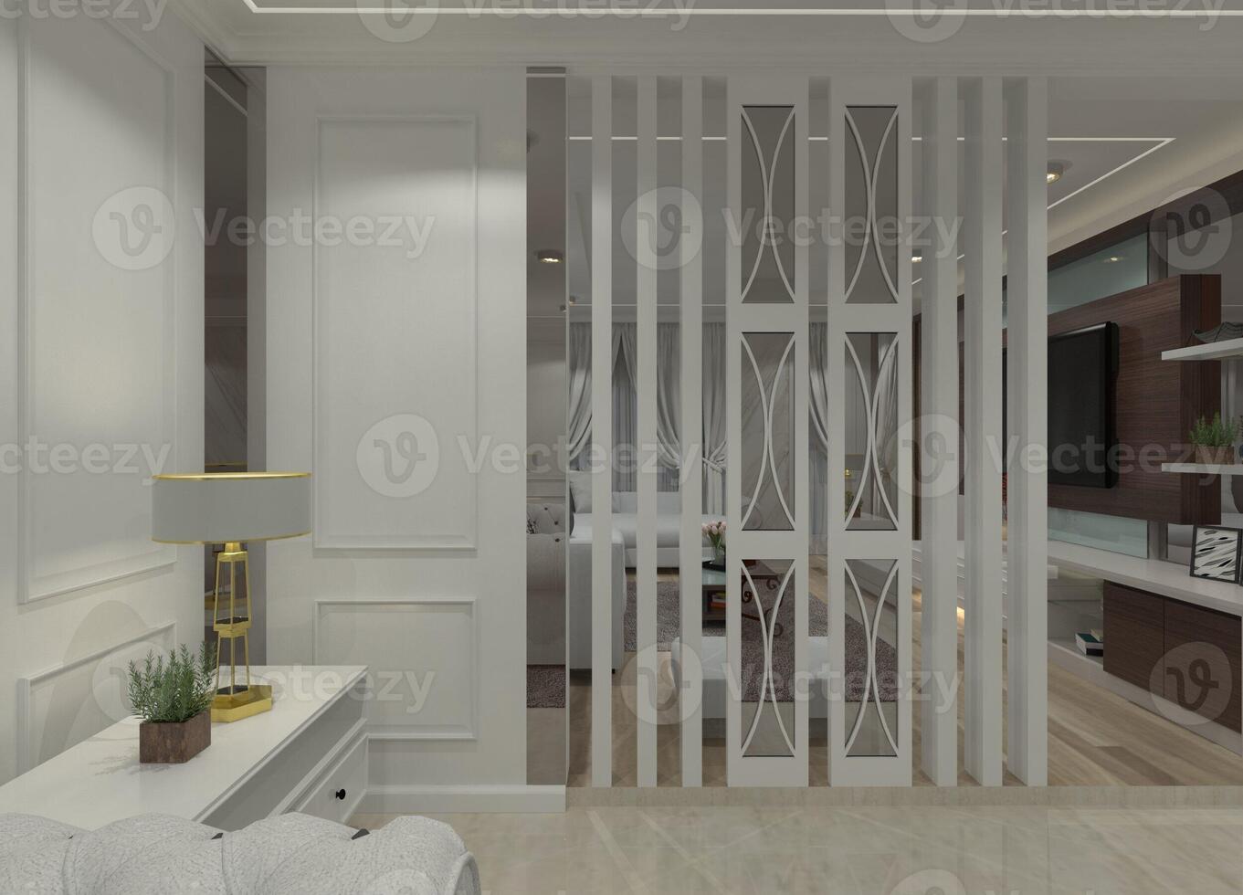 3D room divider partition design with a combination of white furniture material and mirror. photo