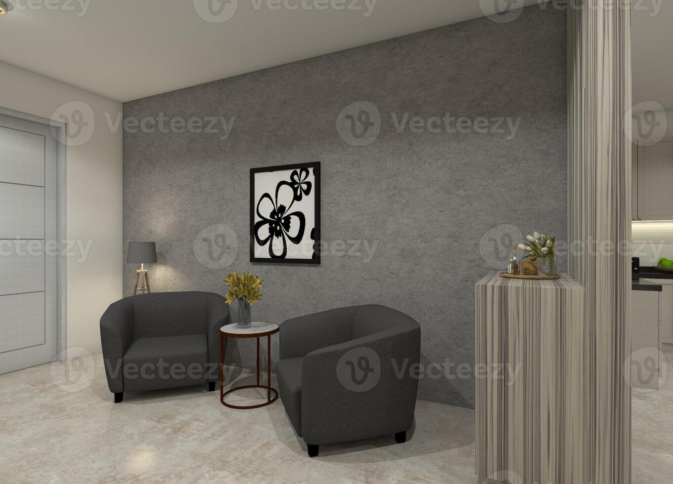 Modern 3D minimalist lobby featuring two armchairs and a basic coffee table. photo