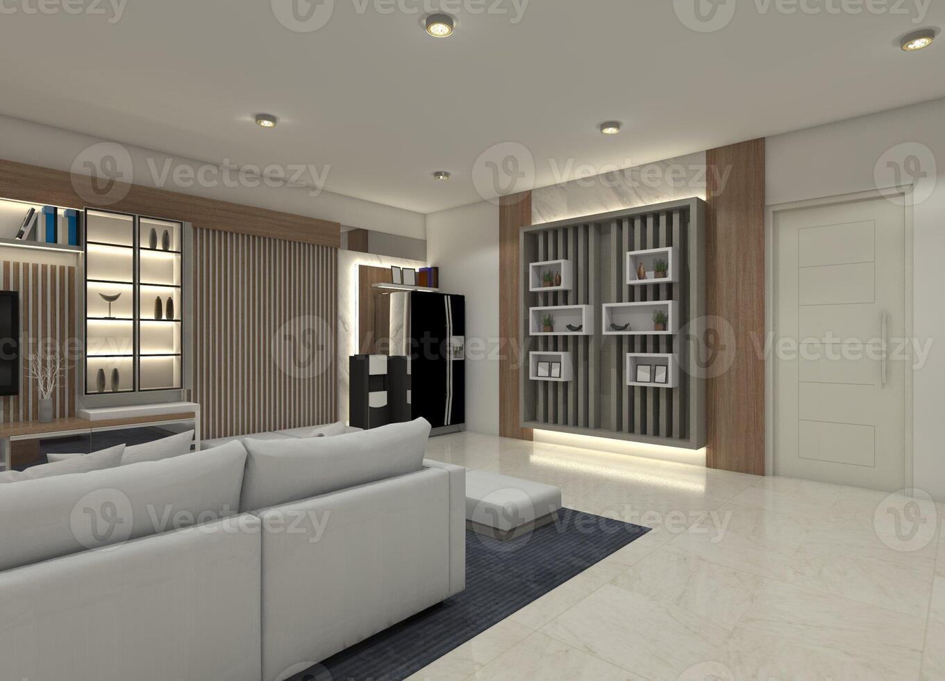 3D rendering of decorative wall paneling and display shelving for accessories in a modern and luxurious living room photo