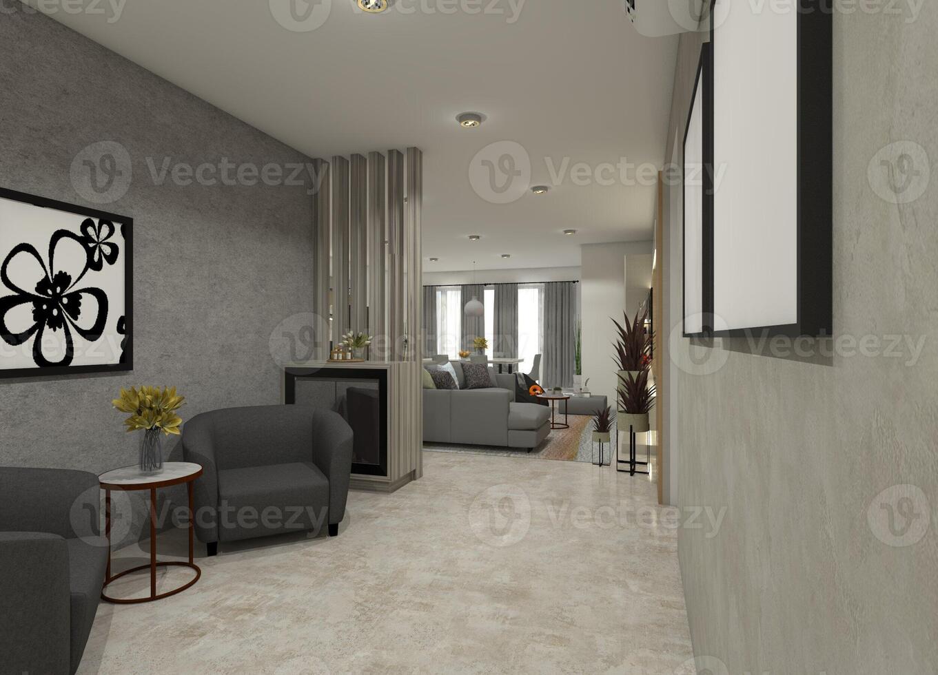 Modern 3D foyer interior featuring a sofa, a minimalist coffee table, and a drawer cabinet used as a partition. photo