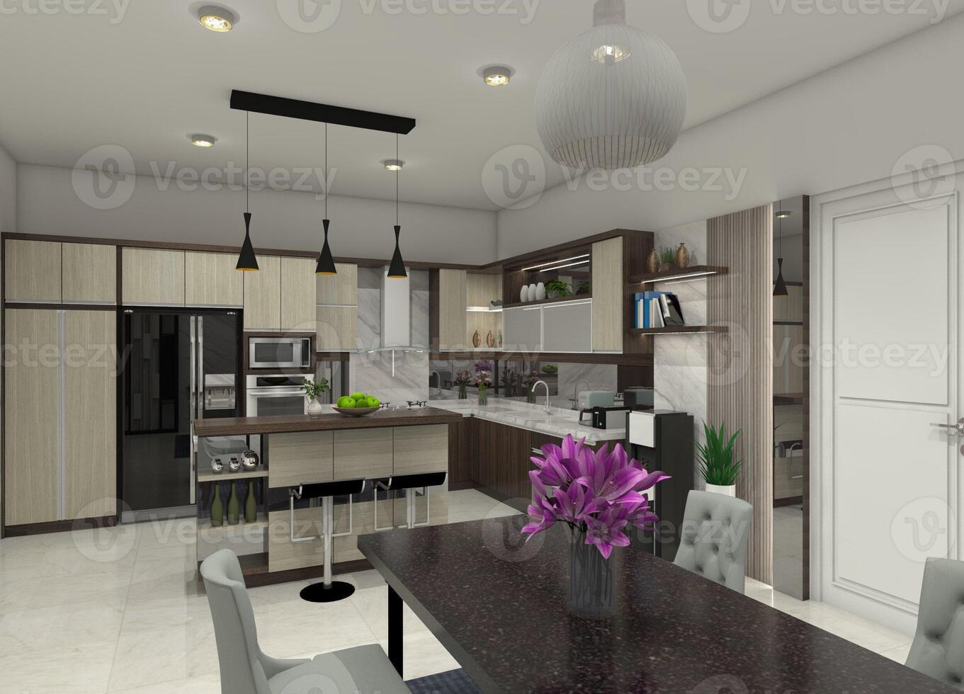 Luxurious 3D kitchen and dining room interior design with ample storage cabinets, a minimalist bar table, and a granite dining table. photo