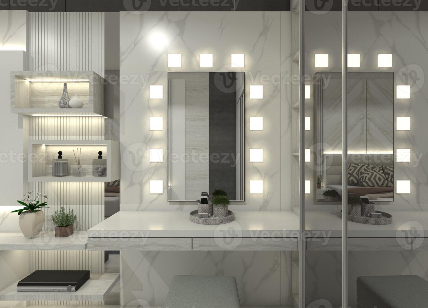 Modern 3D dressing table design with a stylish combination of white furniture and marble accents. photo