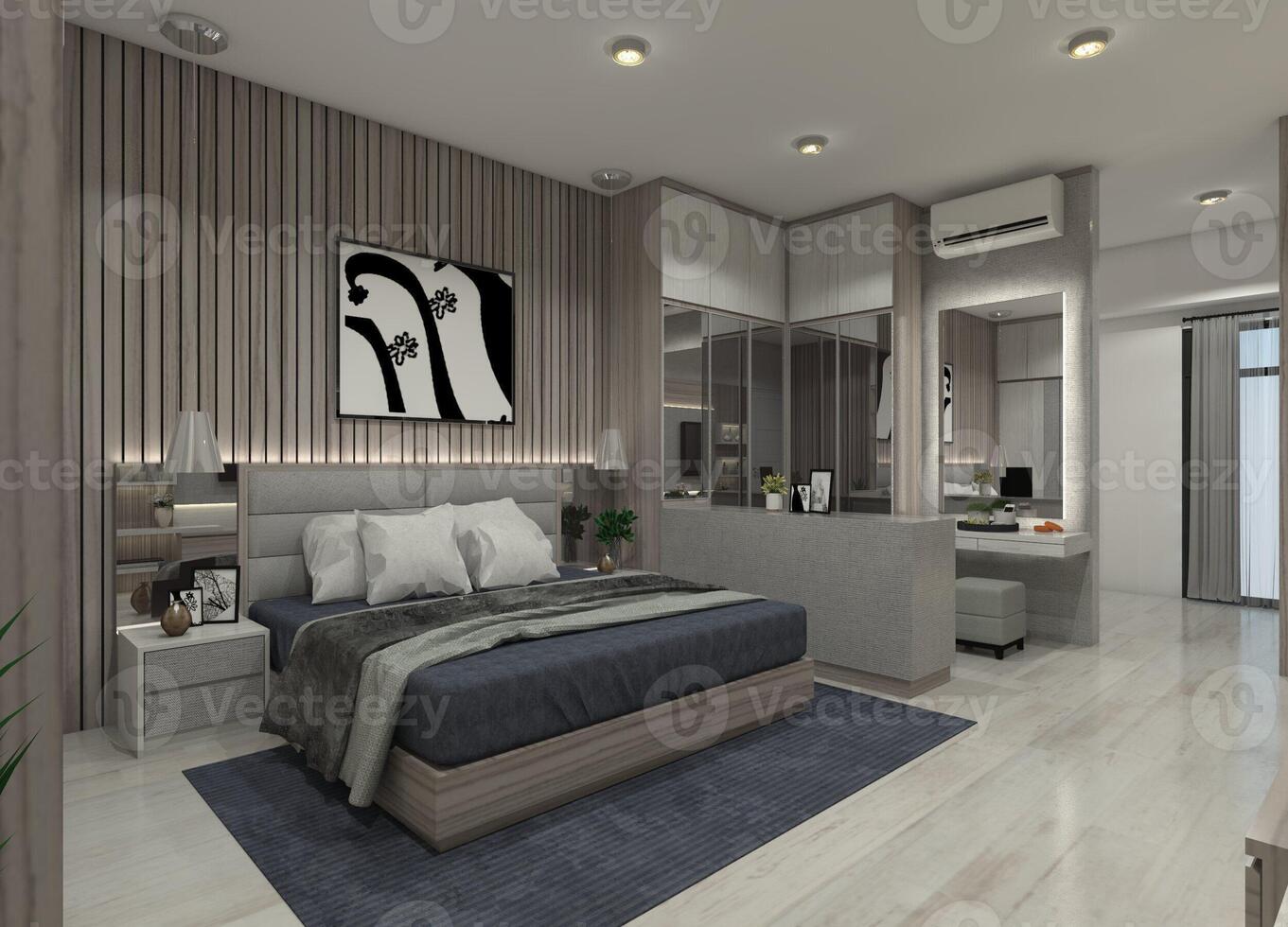 Complete 3D modern bedroom interior featuring a bed with panel headboard decor, a wardrobe, and a vanity table with a mirror. photo